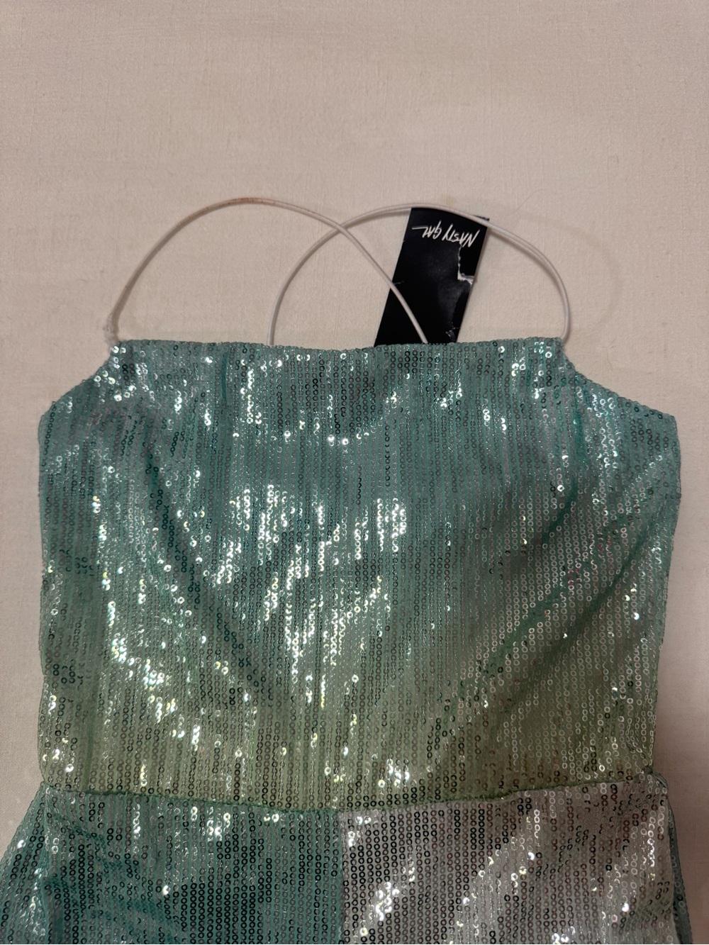 Nasty Gal Ombré Mint Green Sequin Spaghetti-Strap Halter Neck Jumpsuit - Picture 5 of 8